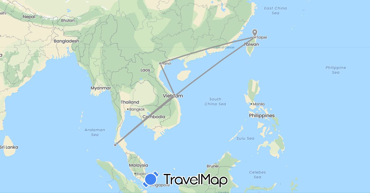 TravelMap itinerary: plane in Thailand, Taiwan, Vietnam (Asia)